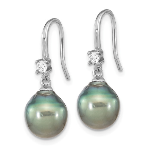 24.9mm Sterling Silver Rhodium-plated Polished 9-10mm Tahitian Cultured Saltwater Pearl & CZ Dangle Earrings