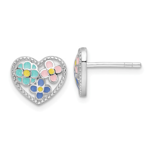 Sterling Silver Rhodium-plated Polished & Beaded Multi-color Enameled Floral Heart Childrens Post Earrings