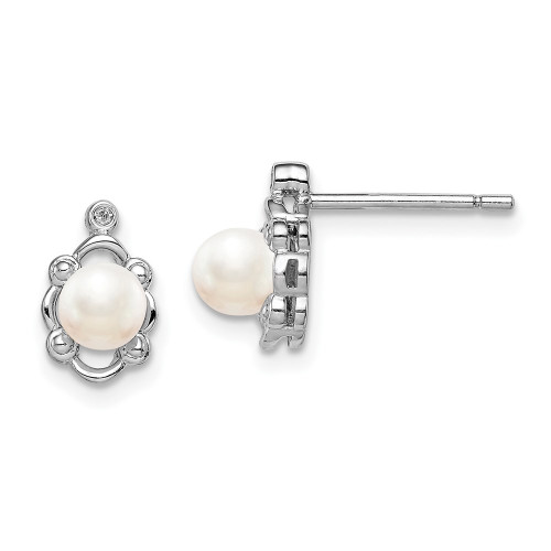 10mm Sterling Silver Rhodium-plated Freshwater Cultured Pearl & Diamond Earrings QBE21JUN