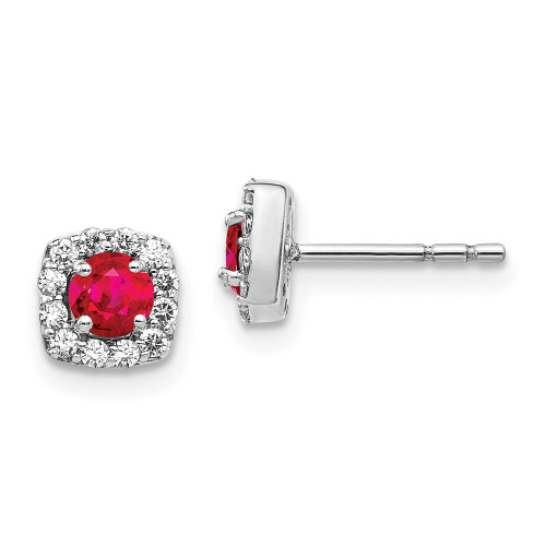 6mm 14k White Gold Diamond and Ruby Square Halo Earrings