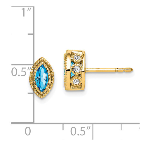 9.4mm 14K Yellow Gold Marquise Blue Topaz and Diamond Earrings