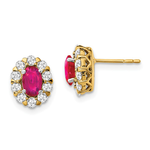 10.3mm 14K Yellow Gold Oval Ruby and Diamond Halo Post Earrings