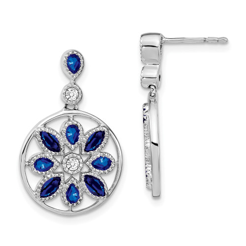 23.5mm 14k White Gold Sapphire and Diamond Floral Dangle Earrings