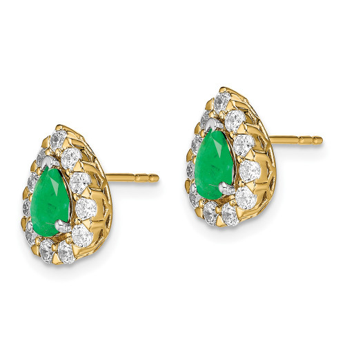 11.4mm 14K Yellow Gold Pear Emerald and Diamond Halo Post Earrings