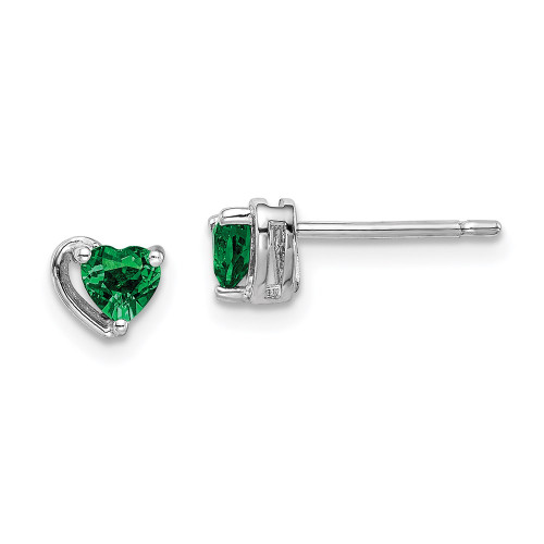 5.05mm Sterling Silver Rhodium-plated Created Emerald Heart Post Earrings