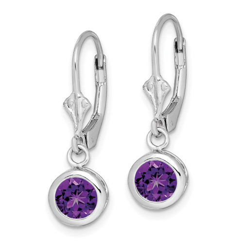 26mm Sterling Silver Rhodium-plated 6mm Round Amethyst Leverback Earrings