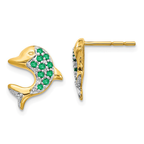 14mm 14K Yellow Gold and Rhodium Emerald and Diamond Dolphin Post Earrings