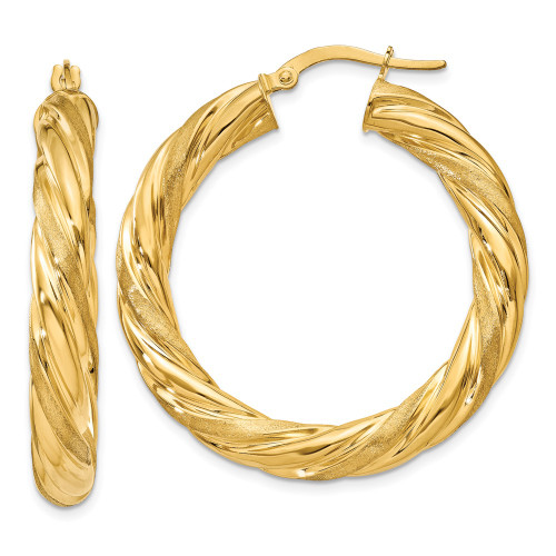 25mm 14K Yellow Gold 6mm Satin & Polished Twisted Hoop Earrings