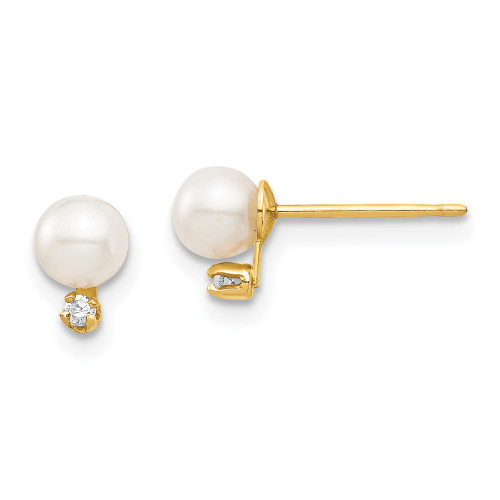 6.17mm 14K Yellow Gold Madi K 4-5mm White Round Freshwater Cultured Pearls CZ Post Earrings