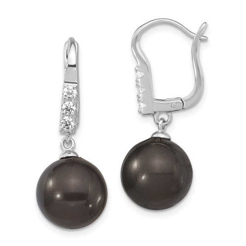 Majestik Sterling Silver Rhodium-plated 10-11mm Black Simulated Pearl CZ Hinged Post Dangle Earrings