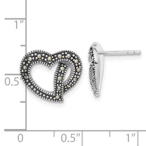 12.15mm Sterling Silver Antiqued Marcasite Heart Post Earrings