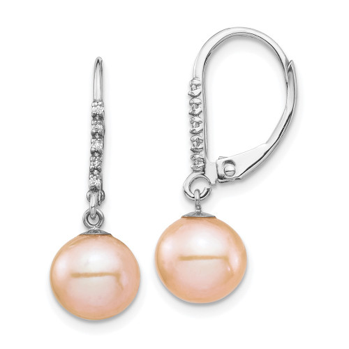 24.93mm 14k White Gold 8-9mm Pink Freshwater Cultured Pearl .05ctw Diamond Leverback Earrings