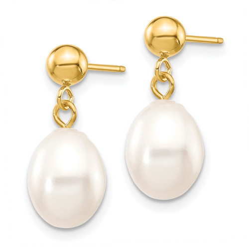 17mm 14K Yellow Gold 7-8mm White Rice Freshwater Cultured Pearl Dangle Post Earrings XF251E