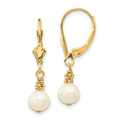 30mm 14K Yellow Gold 5-6mm White Semi-round Freshwater Cultured Pearl Leverback Earrings XF208