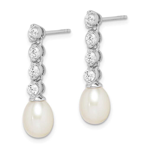 Image of 26.15mm Sterling Silver Rhodium-plated 7-8mm White Rice Freshwater Cultured Pearl CZ Earrings QE15202