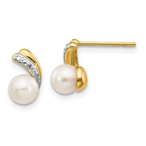 9mm 14K Yellow Gold 5-6mm White Round Freshwater Cultured Pearl .01ctw Diamond Post Earrings XE2493AA