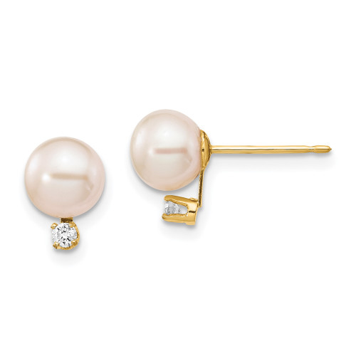 6-7mm 14K Yellow Gold 6-7mm White Round Freshwater Cultured Pearl .06ctw Diamond Post Earrings XF516E