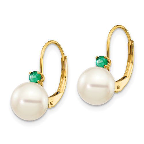16mm 14K Yellow Gold 7-7.5mm White Round Freshwater Cultured Pearl Emerald Leverback Earrings XLB70E/PL