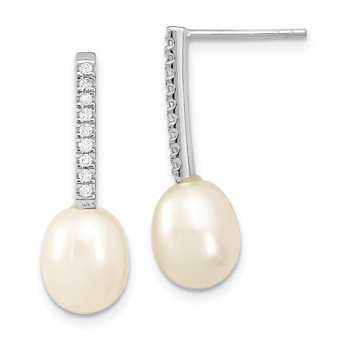 25.5mm Sterling Silver Rhodium-plated 8-9mm Rice Freshwater Cultured Pearl CZ Post Dangle Earrings QE13866