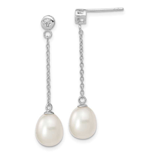 Image of 38mm Sterling Silver Rhodium-plated 8-9mm Rice Freshwater Cultured Pearl CZ Post Dangle Earrings QE13873