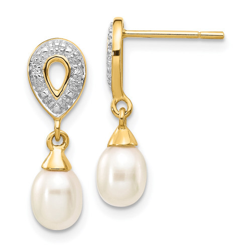 19mm 14K Yellow Gold 7x5mm White Teardrop Freshwater Cultured Pearl .01ctw Diamond Dangle Earrings XE2494AA