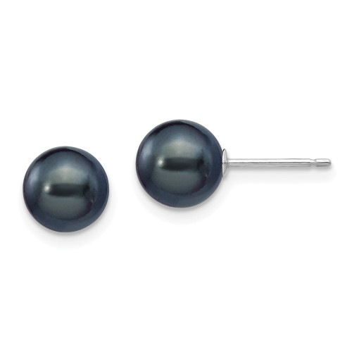 7-8mm 14k White Gold 7-8mm Black Round Freshwater Cultured Pearl Stud Post Earrings