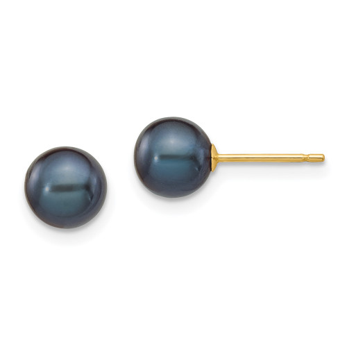 6-7mm 14K Yellow Gold 6-7mm Black Round Freshwater Cultured Pearl Stud Post Earrings