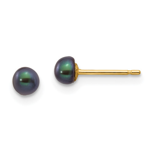 3-4mm 14K Yellow Gold 3-4mm Black Button Freshwater Cultured Pearl Stud Post Earrings