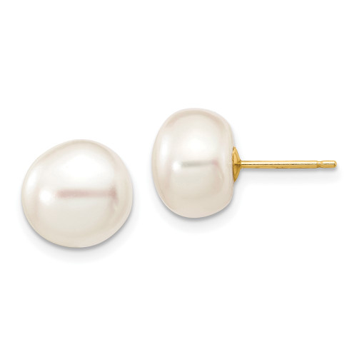 10k Yellow Gold 9-10mm White Button Freshwater Cultured Pearl Stud Post Earrings