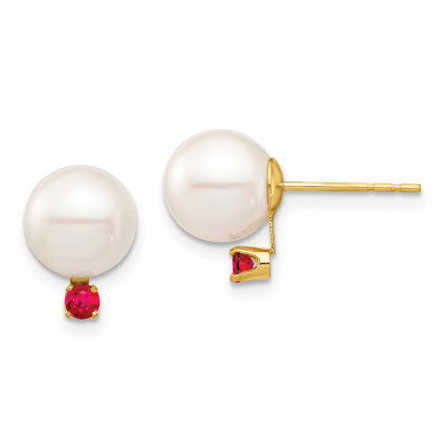 11.1mm 14K Yellow Gold 8-8.5mm White Round Freshwater Cultured Pearl Ruby Post Earrings