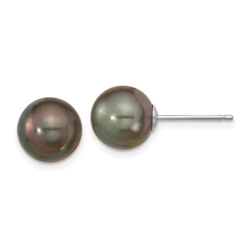 9-10mm 14k White Gold 9-10mm Black Round Saltwater Cultured Tahitian Pearl Post Earrings