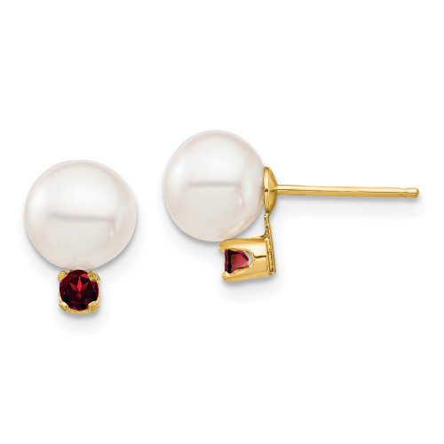 9.66mm 14K Yellow Gold 7-7.5mm White Round Freshwater Cultured Pearl Garnet Post Earrings