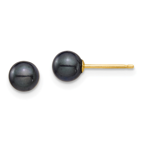 5-6mm 14K Yellow Gold 5-6mm Round Black Saltwater Akoya Cultured Pearl Stud Post Earrings