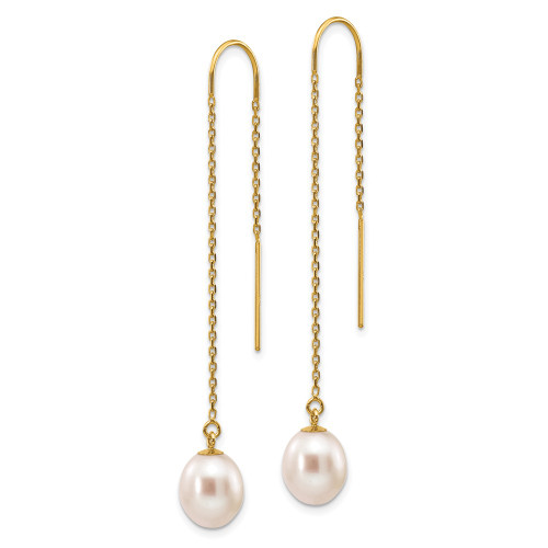 56mm 14K Yellow Gold 7-8mm White Rice Freshwater Cultured Pearl Dangle Threader Earrings