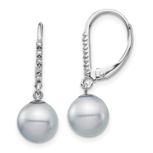 25.18mm 14k White Gold 8-9mm Grey Freshwater Cultured Pearl .05ctw Diamond Leverback Earrings