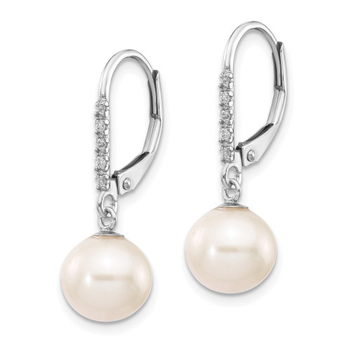 8-9mm 14k White Gold 8-9mm Round Freshwater Cultured Pearl .05ctw Diamond Leverback Earrings