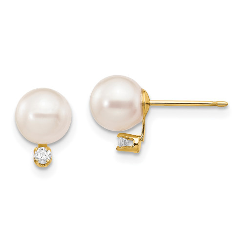 6-7mm 14K Yellow Gold 6-7mm White Round Saltwater Akoya Cultured Pearl Diamond Post Earrings