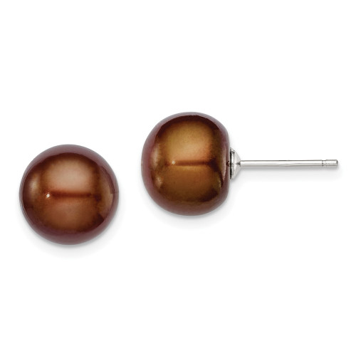 10-11mm Sterling Silver Rhodium-plated 10-11mm Brown Freshwater Cultured Button Pearl Earrings