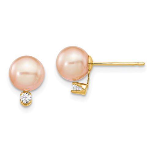 6-7mm 14K Yellow Gold 6-7mm Pink Round Freshwater Cultured Pearl .06ctw Diamond Post Earrings