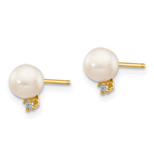 5-6mm 14K Yellow Gold 5-6mm White Round Freshwater Cultured Pearl .02ctw Diamond Post Earrings