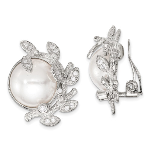 27mm Sterling Silver Polished & Textured Fancy Imitation Pearl & CZ Leaf Non Pierced Earrings