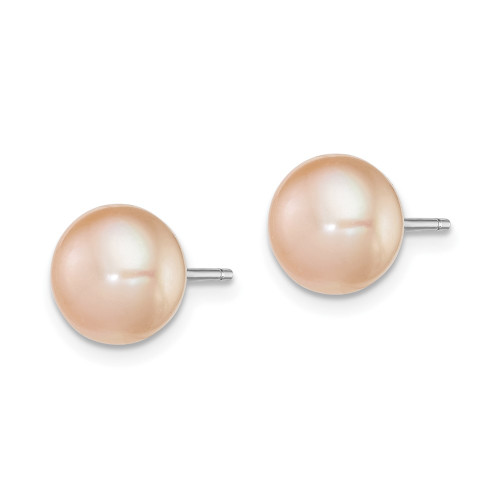 8-9mm Sterling Silver Rhodium-plated 8-9mm Pink Freshwater Cultured Button Pearl Stud Earrings