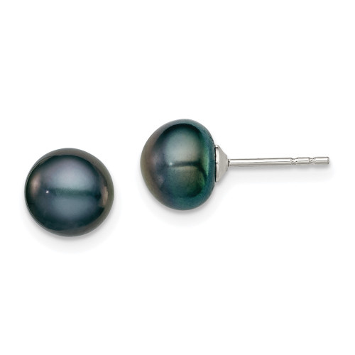 7-8mm Sterling Silver Rhodium-plated 7-8mm Black Freshwater Cultured Button Pearl Stud Earrings