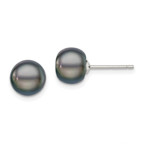8-9mm Sterling Silver Rhodium-plated 8-9mm Black Freshwater Cultured Button Pearl Stud Earrings
