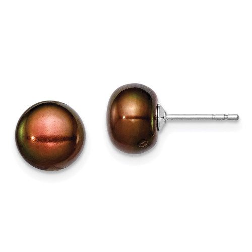 8-9mm Sterling Silver Rhodium-plated 8-9mm Brown Freshwater Cultured Button Pearl Stud Earrings
