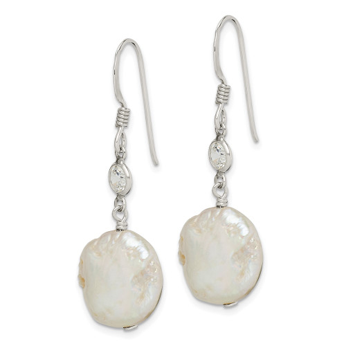 30mm Sterling Silver Polished White 12-13mm Coin Freshwater Cultured Pearl & CZ Dangle Earrings