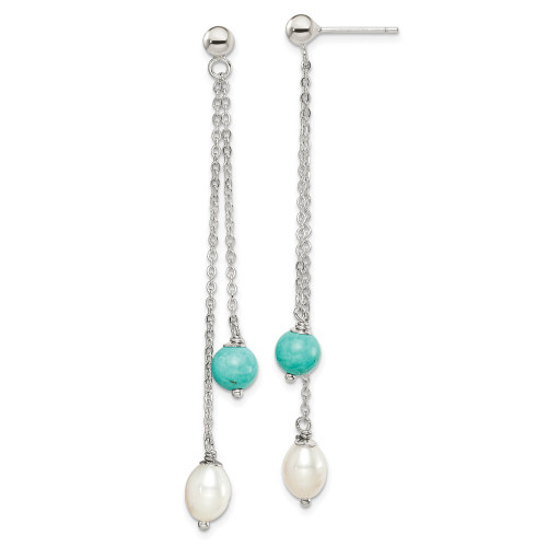 63.45mm Sterling Silver Polished Simulated Turquoise/Freshwater Cultured Pearl Chain Post Dangle Earrings