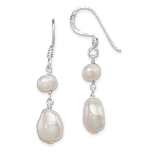 40mm Sterling Silver Polished White 6-9mm Baroque & Semi-Round Freshwater Cultured Pearl Dangle Earrings