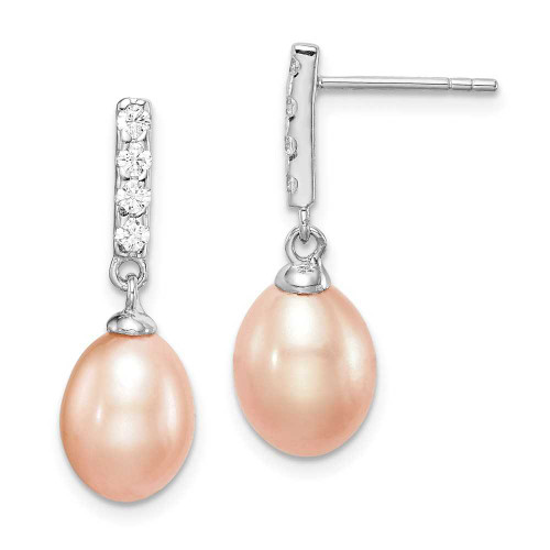 Image of 25.28mm Sterling Silver Rhodium-plated Polished Pink 8-9mm Freshwater Cultured Pearl & CZ Post Dangle Earrings