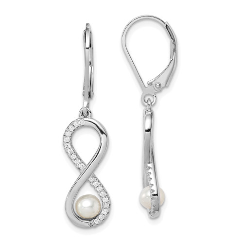 33.13mm Sterling Silver Rhodium-plated Polished White 4-5mm Freshwater Cultured Pearl & CZ Infinity Leverback Dangle Earrings
